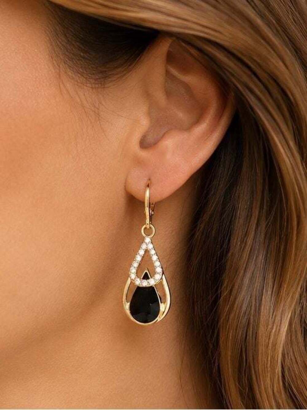 Gold Teardrop Earrings with Black Stone and Crystal Accents - Women Jewelry
